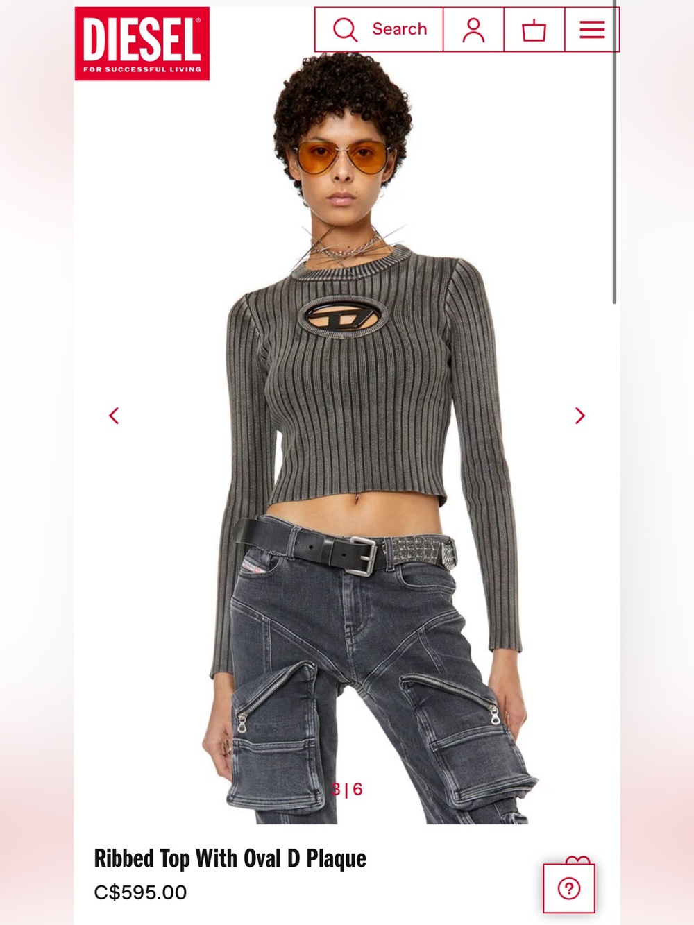 Diesel Gray Ribbed Long-Sleeve Crop Top with Oval Cutout